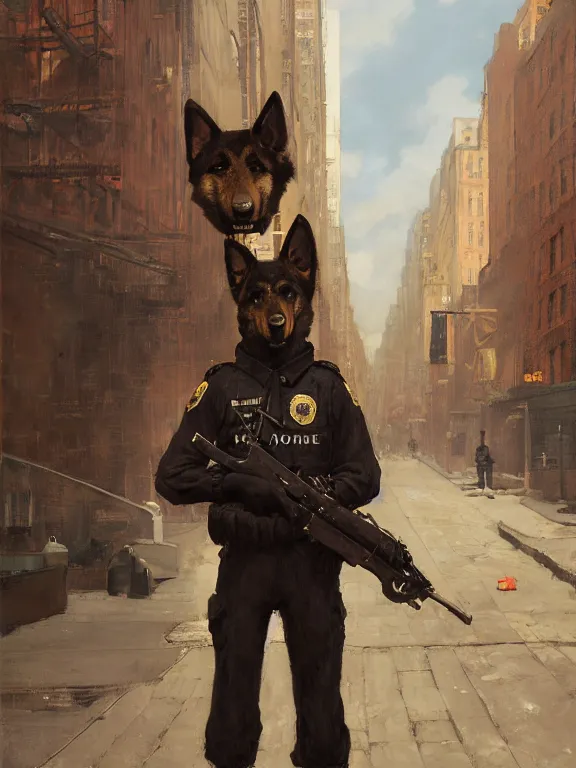 Image similar to new york city portrait of furry anthro anthropomorphic german shepard head animal person fursona wearing clothes nypd traditional police uniform in the alley, sunny day, digital art by Nerdrum John, William Waterhouse, Winslow Homer, Alex Heywood, Jordan Grimmer, Darren Quach, Greg Rutkowski, Simon Stalenhag, trending on Artstation, CGSociety