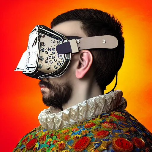 Image similar to Colour Caravaggio and mandelbulb 3d fractal style full body portrait Photography of Highly detailed Man wearing detailed Ukrainian folk costume designed by Taras Shevchenko with 1000 years perfect face wearing highly detailed retrofuturistic VR headset designed by Josan Gonzalez. Many details In style of Josan Gonzalez and Mike Winkelmann and andgreg rutkowski and alphonse muchaand and Caspar David Friedrich and Stephen Hickman and James Gurney and Hiromasa Ogura. Rendered in Blender and Octane Render volumetric natural light