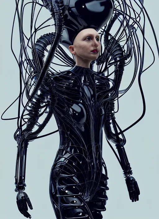 Image similar to catwalk, iris van herpen gothic inflateble dark dress, perfect symmetrical body, helmet on face, full body shot, inflateble shapes, wires, tubes, veins, jellyfish, white biomechanical details, wearing epic bionic cyborg implants, masterpiece, intricate, biopunk, vogue, highly detailed, artstation, concept art, cyberpunk, octane render