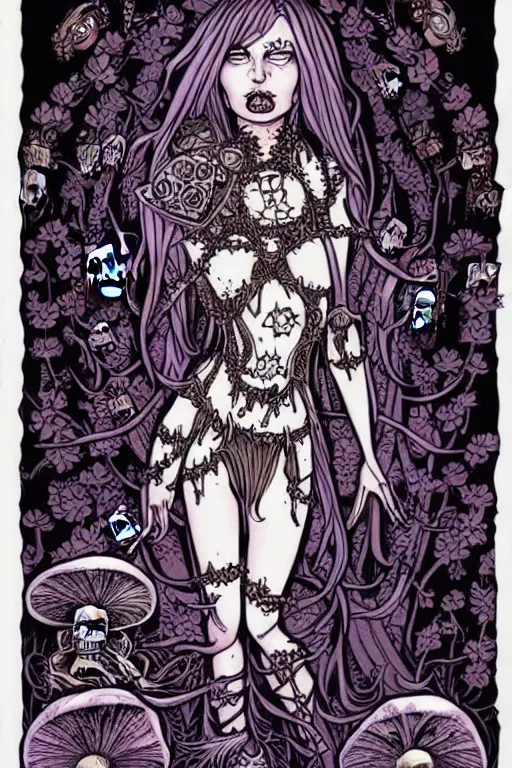 Image similar to a gothic fairy surrounded by skulls and mushrooms, fantasy graphic novel style, by wendy pini, intricate, fine inking lines, extremely detailed, flat colors