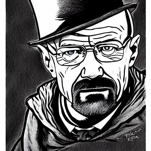 Image similar to Walter white in a scene from Alice in wonderland, artstation, concept art, sharp focus, illustration in pen an ink, black and white, art by Masashi Tanaka