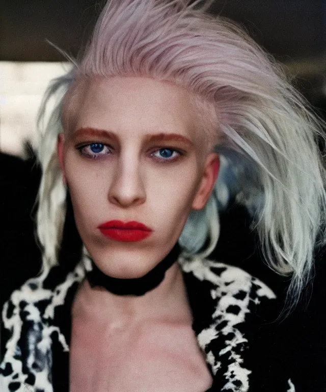 Prompt: a color photograph of a non binary model, platinum blonde, by nan goldin, intense, bold, hyperrealistic, ultra sharp, extra details, ultra high quality, trending on pinteresst