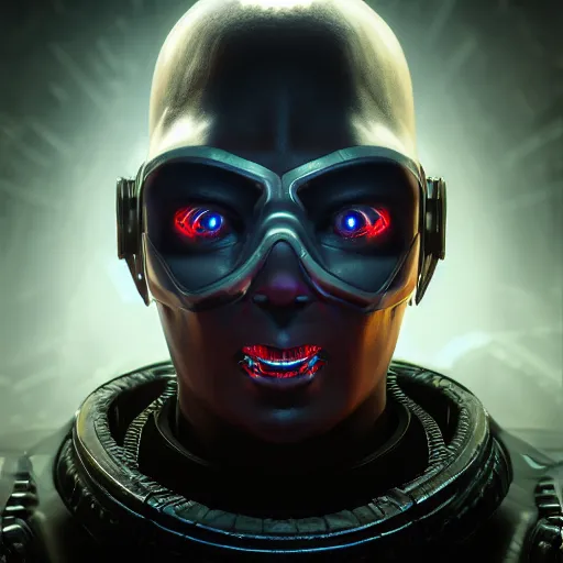 Image similar to evil cyberpunk dark lord, highly detailed, photorealistic portrait, bright studio setting, studio lighting, crisp quality and light reflections, unreal engine 5 quality render