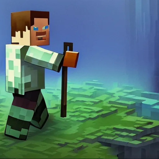 Image similar to painting by greg rutkowski of a minecraft drowned zombie with glowing cyan eyes, wearing ragged clothing and and algae growing on it, holding a trident, underwater