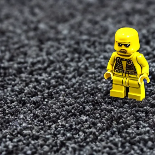 Image similar to macro photography of a minifigure of walter white walking on the carpet, 3 5 mm