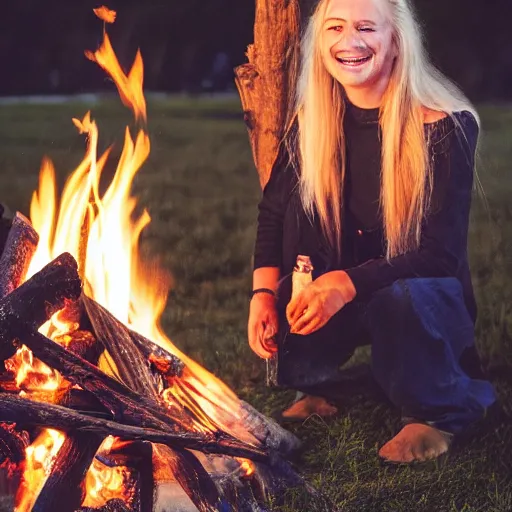 Image similar to photo of hillbilly smiling with long blonde hair around a bonfire, symmetric face