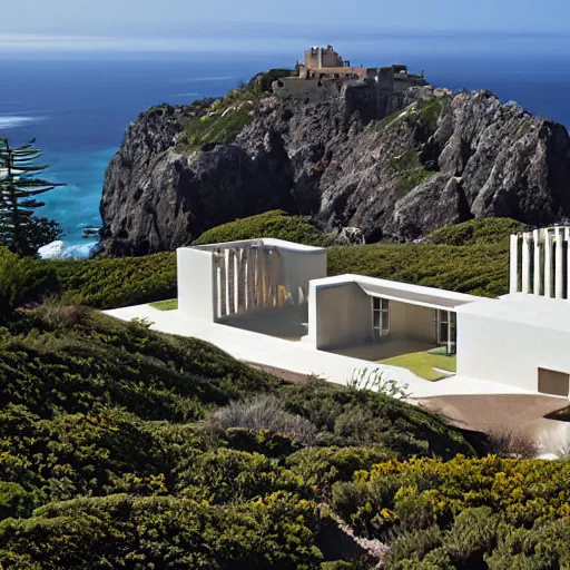 Image similar to castle designed by renzo piano overlooking big sur. landscape design by andre le notre. w 1 0 8 8