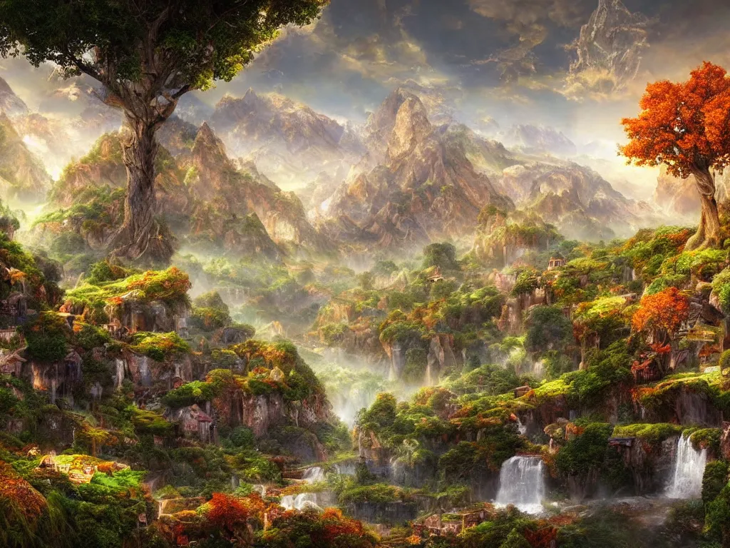 Prompt: a beautiful photorealistic picture of a valley from a fantasy world, inside which are beautiful caramel and marshmallow houses, mushrooms grow, fictitious birds fly, everything is permeated with a special radiance and beauty, magnificent trees grow in the valley and mighty mountains in the background, highly detailed