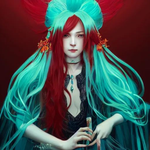 Image similar to a beautiful portrait of hatsune miku with red highlighted hair as a witch, fantasy, intricate, elegant, highly detailed, digital painting, artstation, concept art, matte, sharp focus, illustration, art by greg rutkowski and alphonse mucha