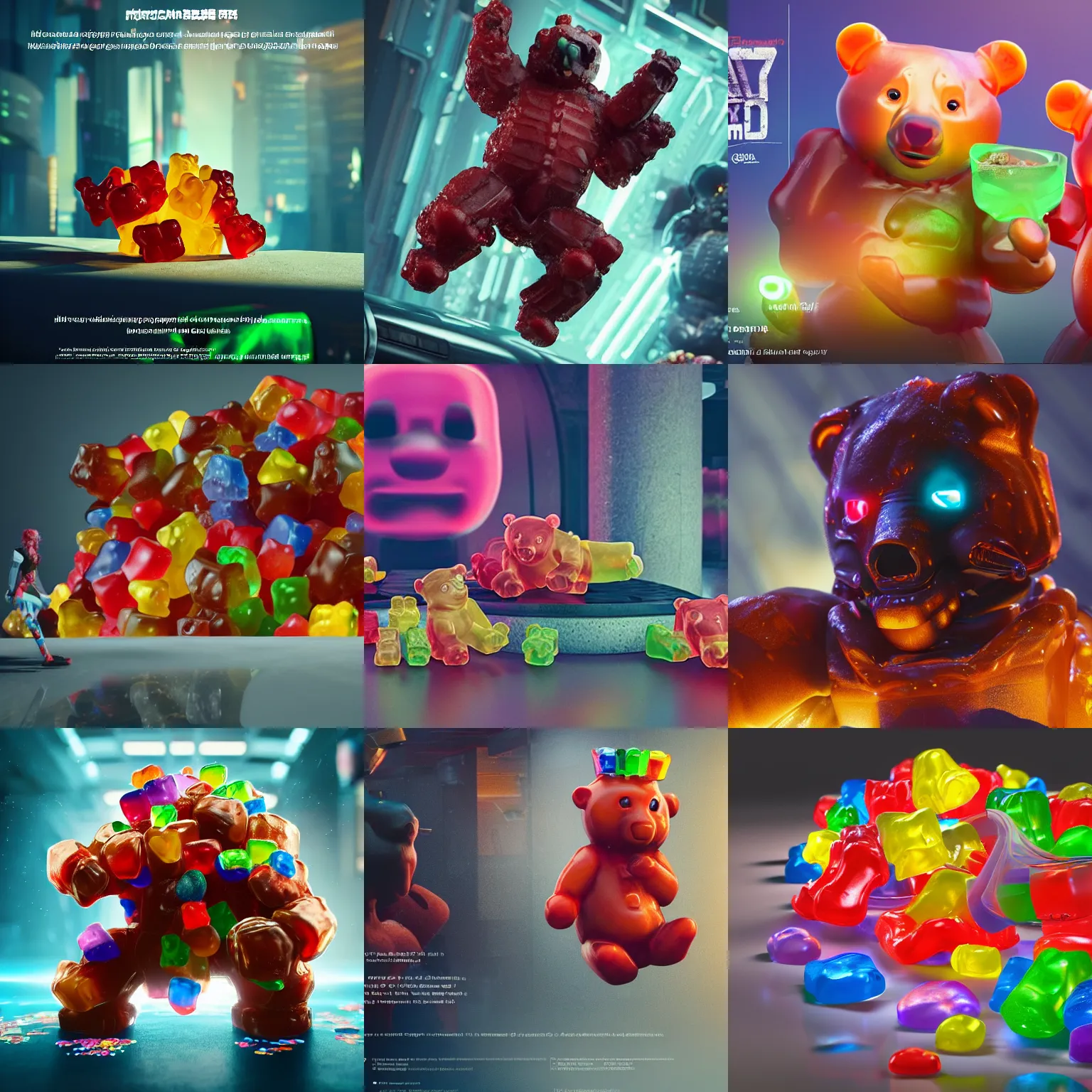 Prompt: professional, high quality, digital art. gummi bears are not a good source of nutrition and should not be used as a meal replacement.. cyberpunk., octane 3 d render, ue 5, cinematic, imax 7 0 mm, product lighting, dramatic lighting. concept art, ultrarealistic, very detailed, epic.