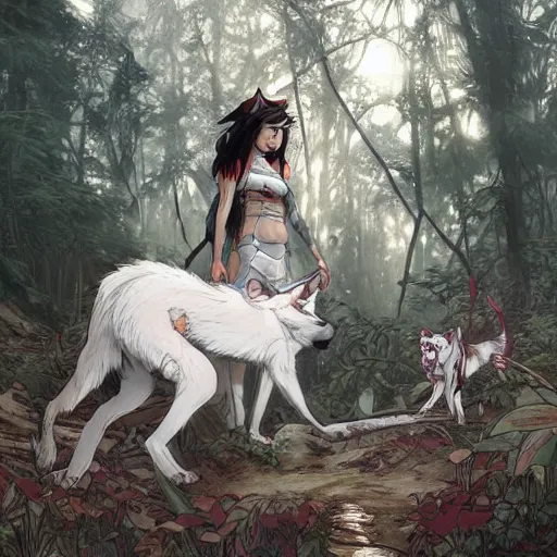 Image similar to Princess Mononoke as a real person ((asian woman with red facepaint)) determined expression, standing next to a giant white wolf, in a forest, by Artgerm,Greg Rutkowski,Alphonse Mucha, 4k resolution, highly detailed