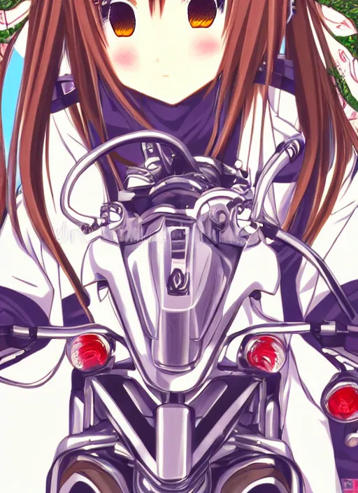 Image similar to motorcycle japanese girl in animanga super detailed eyes eyebrowless symmetry face visual novel hairpin star clannad shuffle toheart pattern illustration