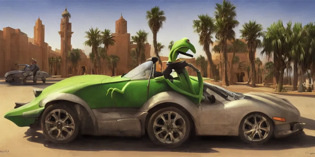 Prompt: kermit driving a car, wlop, moroccan city, mosque, palm trees, redneck country, style in digital painting, concept art, smooth illustration, by ruan jia and mandy jurgens and william - adolphe bouguereau, artgerm