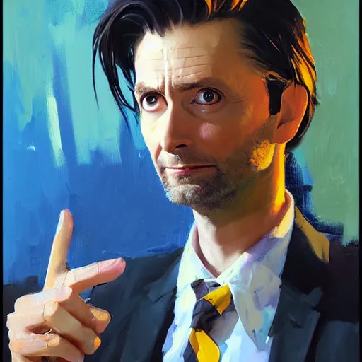 Image similar to greg manchess portrait painting of david tennant the 1 0 th doctor as overwatch character, medium shot, asymmetrical, profile picture, organic painting, sunny day, matte painting, bold shapes, hard edges, street art, trending on artstation, by huang guangjian and gil elvgren and sachin teng