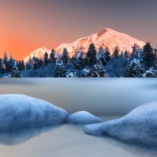 Image similar to tall snowy mountain range, realistic, detailed, award winning photo, sunset, 8 k