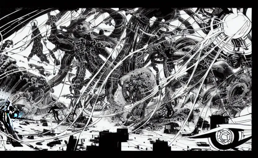 Image similar to black and white avengers with tentacles fights with marvel monsters with wires, isometric, by tsutomu nihei, background cybernetic planets