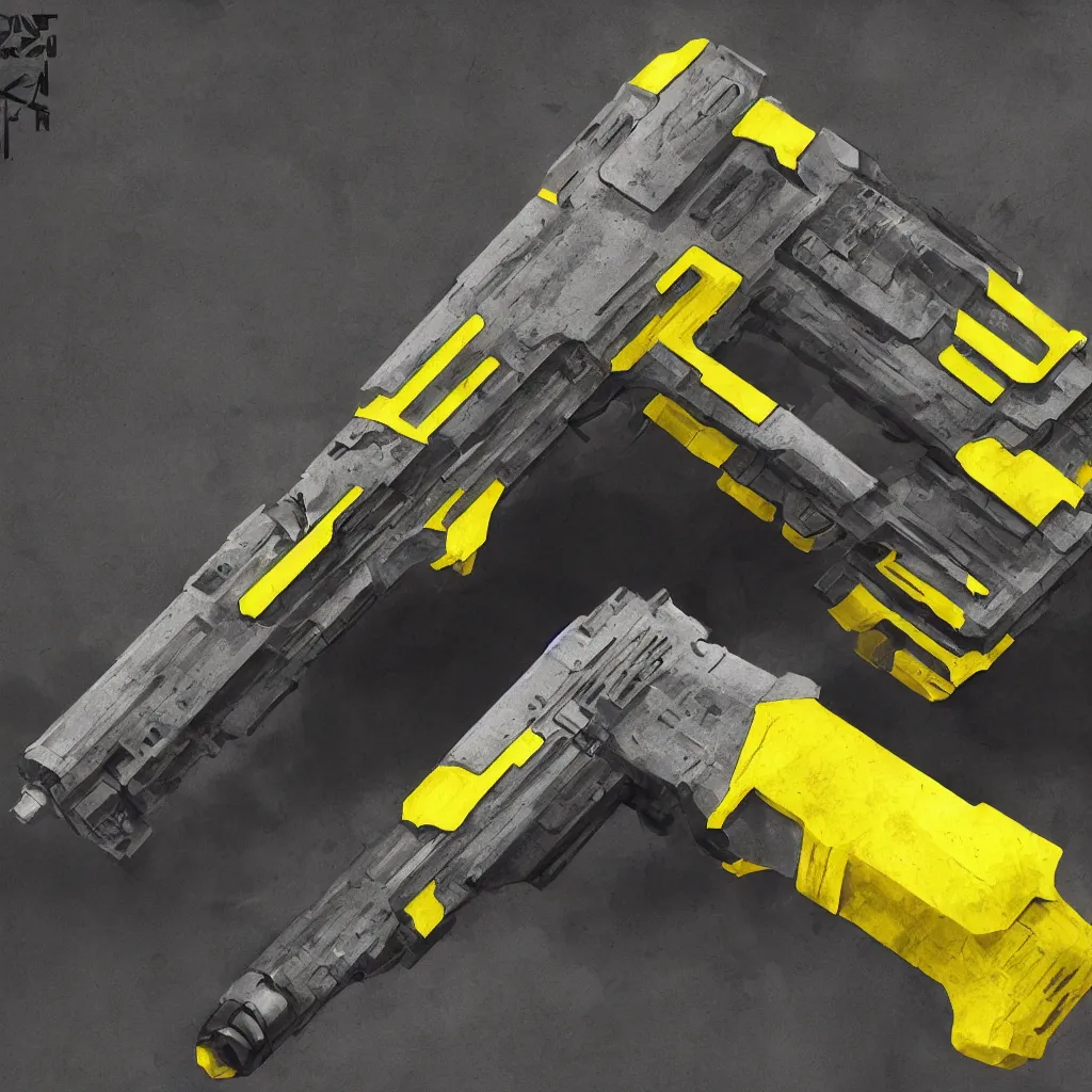 Prompt: cyberpunk pistol concept art, industrial, yellow, silver, black, heavy duty, blade runner 2049, cyberpunk, futuristic, game concept art