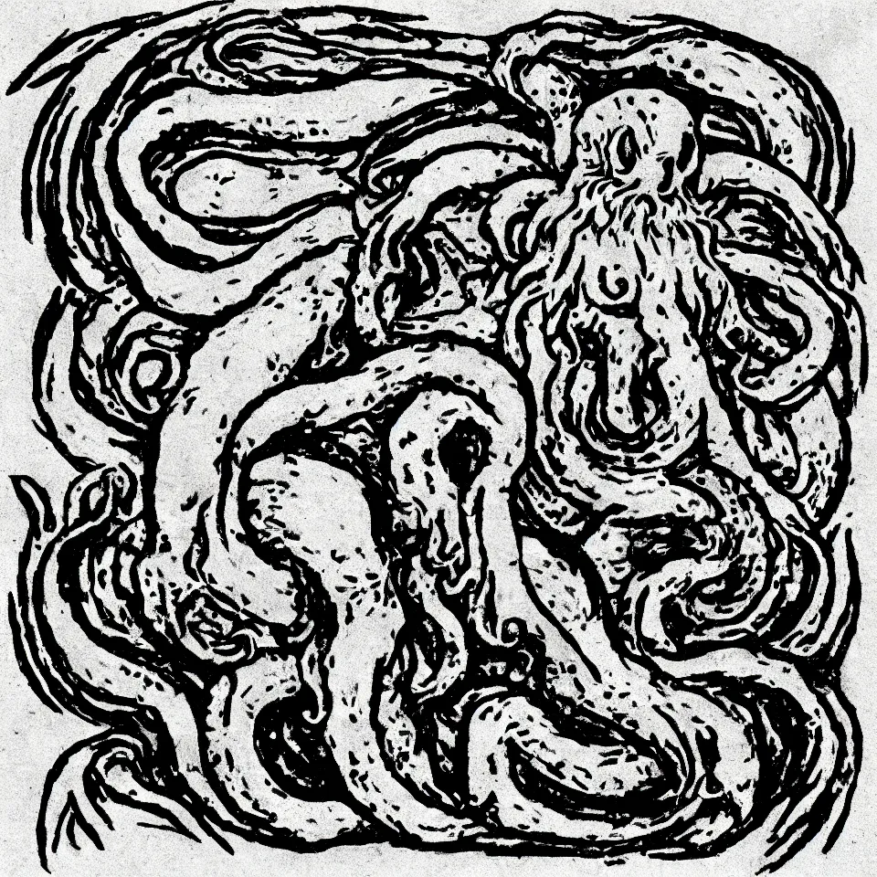 Image similar to a cute cthulhu icon drawn in the style of rockwell kent