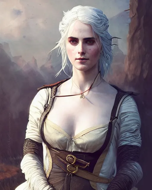 Image similar to Pre-Raphaelite Ciri from Witcher 3 by Artgerm and Greg Rutkowski, wearing haute couture by schiaparelli, sharp focus, sun rays, intricate, elegant, highly detailed, digital painting, masterpiece.