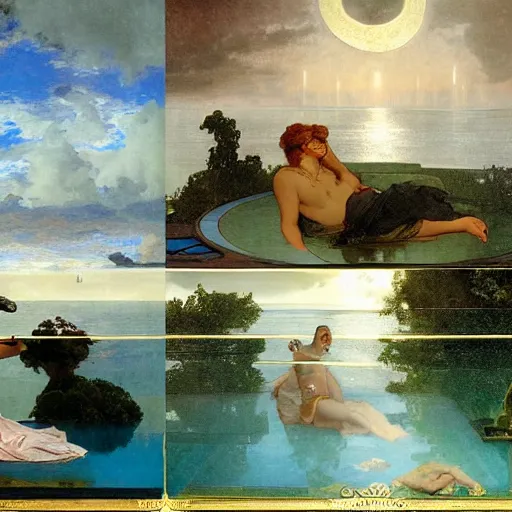 Image similar to The palace on the clouds, moon reflecting on the water, thunderstorm, greek pool, beach and Tropical vegetation on the background major arcana sky, by paul delaroche, alphonse mucha and arnold böcklin, hyperrealistic 8k, award-winning, very very very detailed