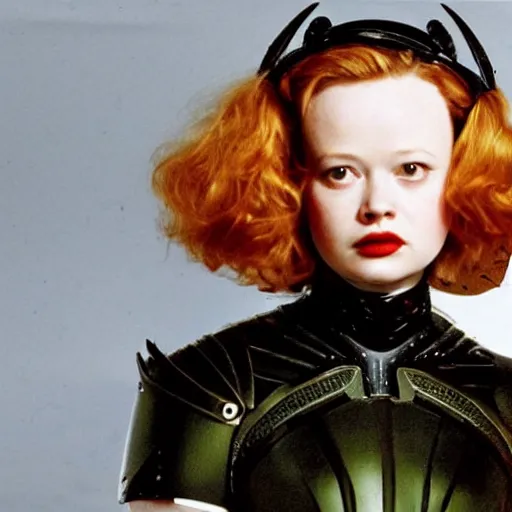 Prompt: Thora Birch wearing an ant helmet