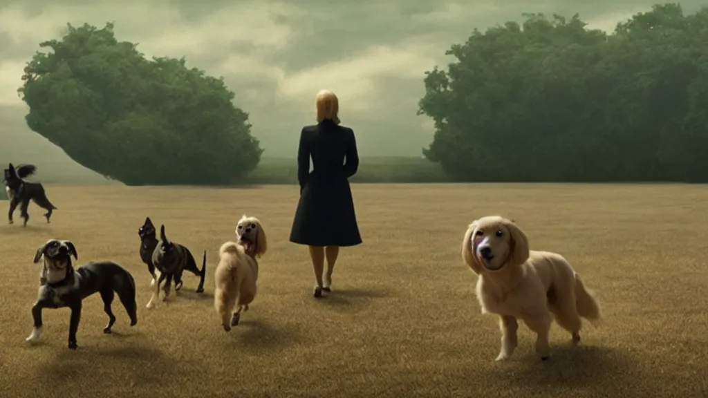 Image similar to all dogs go to heaven, film still from the movie directed by Denis Villeneuve with art direction by Salvador Dalí, wide lens