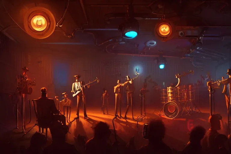 Image similar to 3 steampunk robot jazz musicians playing at a night club, focus on the musicians, cinematic lighting, exaggerated detailed, unreal engine, octane render, trending on artstation, art by greg rutkowski and andreas rocha