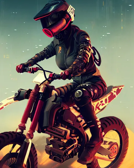 Image similar to koyto animation girl wearing cyberpunk intricate streetwear riding dirt bike, respirator, detailed portrait, cell shaded, 4 k, concept art, by wlop, ilya kuvshinov, artgerm, krenz cushart, greg rutkowski, pixiv. cinematic dramatic atmosphere, sharp focus, volumetric lighting, cinematic lighting, studio quality