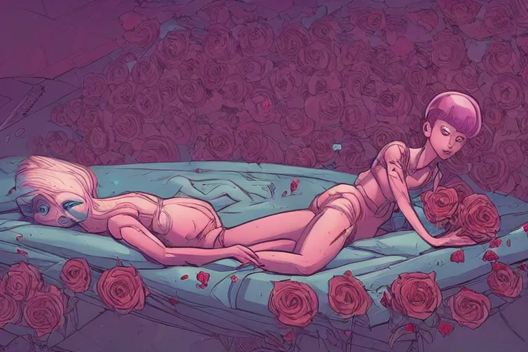 Prompt: comic book illustration, an alien princess lying on a bed of roses, cyberpunk concept art by josan gonzales and wlop, highly detailed, intricate, sci-fi, sharp focus, Trending on Artstation HQ, deviantart
