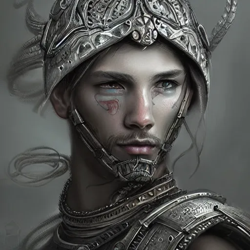 Image similar to beautiful extremely detailed intricate concept art depicting a male warrior by wlop. shining jewelry. grey atmosphere. bcy. net