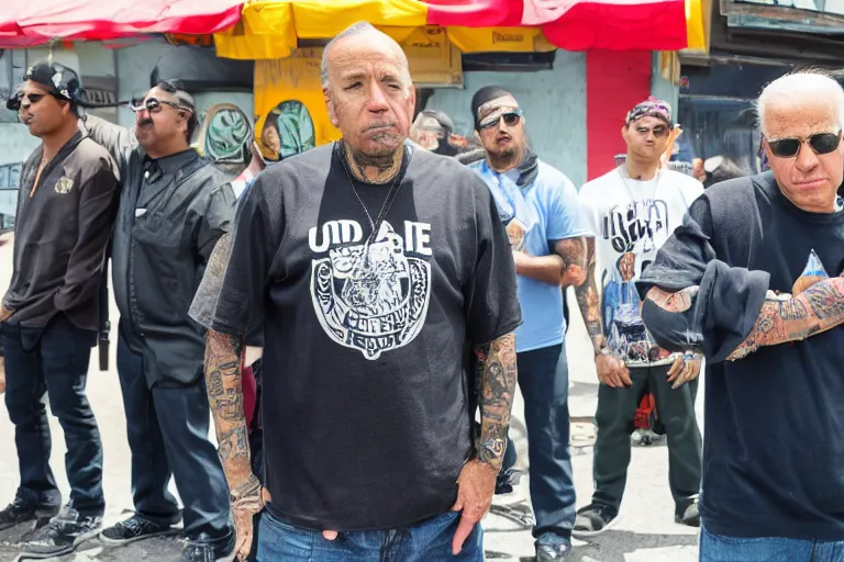 Prompt: biden, tatoos, latino, thug life, high quality, standing in front of lowrider