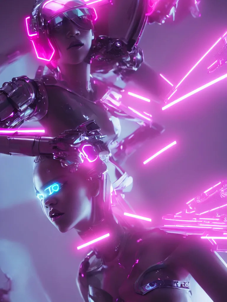 Image similar to cinematic, photography, a beautiful rihanna cyborg, perfect bionic body, pink chrome armor, neon holographic ui data displays, pink space gun, hajime sorayama, masamune shirow, octane rendered, 4 k, lens flare,