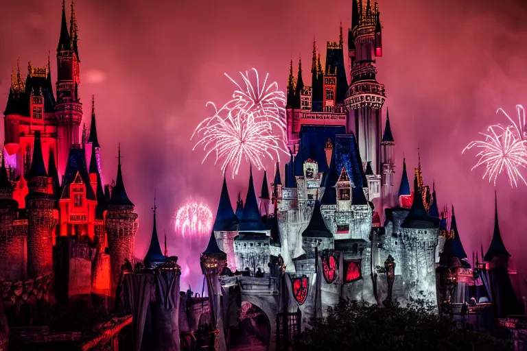 Prompt: Dracula\'s Castle inside Disney World at night, sky with fabulous fireworks, Gothic, ultra realistic, dramatic light, 4k