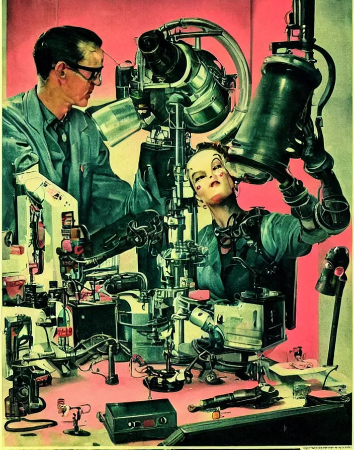 Image similar to a female mad scientist building a retro robotic!!! man!!!, in a darkly lit laboratory room, 1 9 5 0 s horror film movie poster style, ( norman rockwell oil painting ), retro science fiction, vintage, saturated pink and green lighting, shadowy lighting