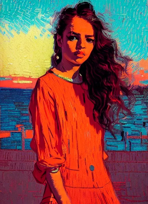 Image similar to portrait of beautiful girl, ibiza, sunset, shades of orange and red, beautiful face, rule of thirds, intricate outfit, spotlight, by greg rutkowski, by jeremy mann, by francoise nielly, by van gogh, digital painting