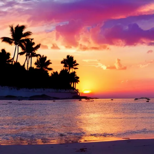 Image similar to Photo of the middle of the ocean, tiny islands made of sand and sandbars, a couple of palm trees, sunset, pink clouds, dreamy, enchanting, ultrarealistic