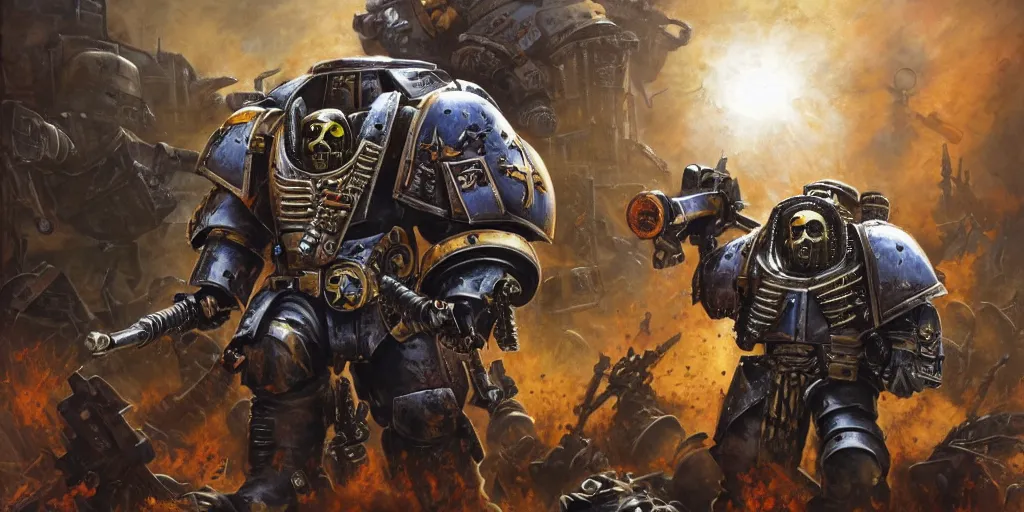 Prompt: Warhammer 40K battle with Leatherface as a space marine, art style of John Blanche, hyper detailed, award winning