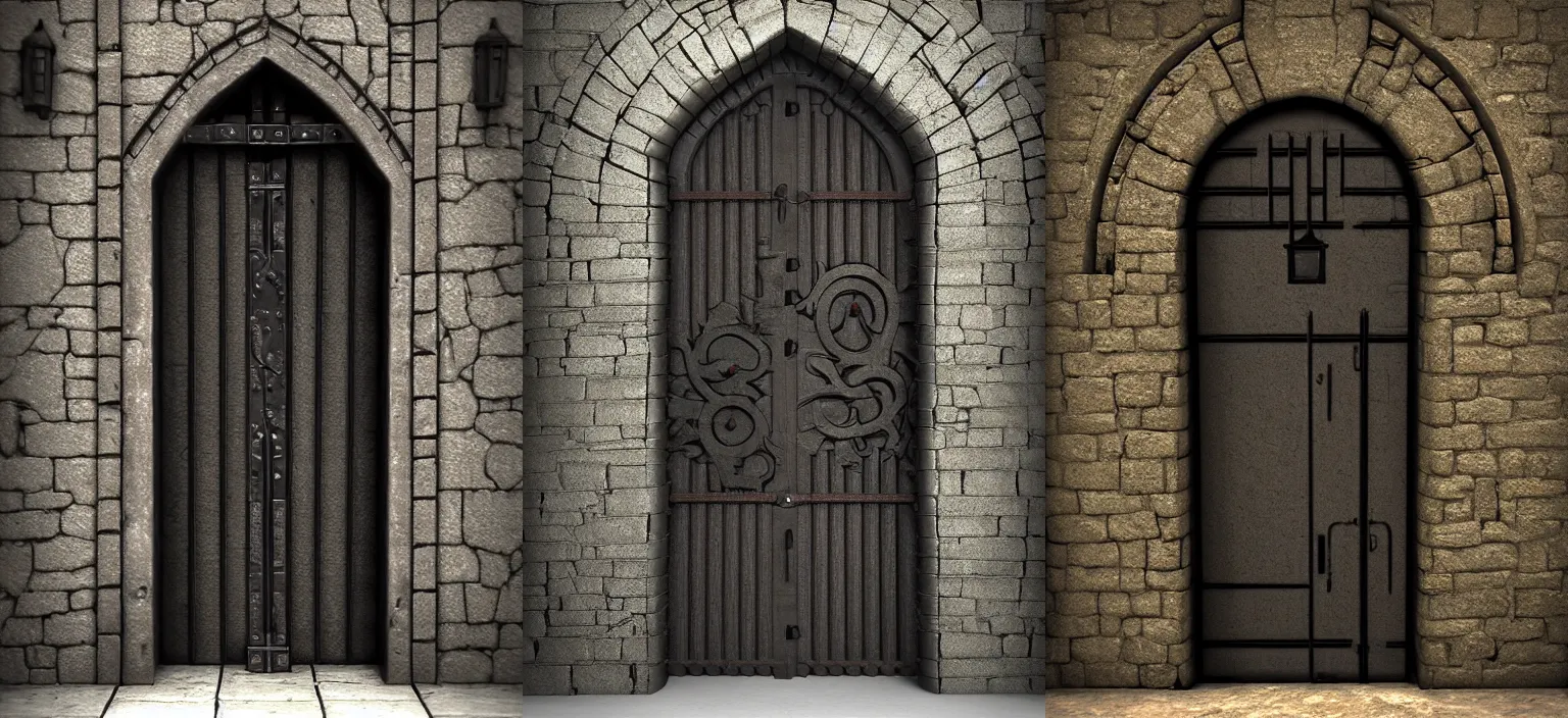 Prompt: medieval door with black steel bars, stephen bliss, unreal engine, detailed and intricate environment