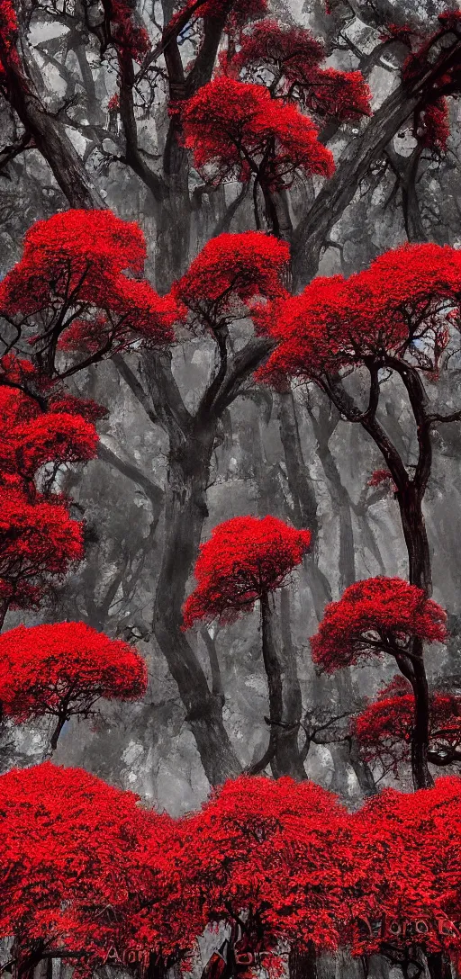 Prompt: demon heads and red trees by aaron boyd