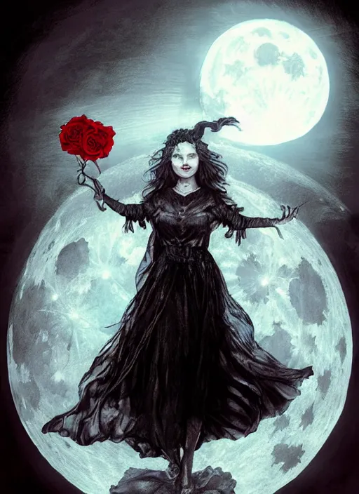 Image similar to portrait, A witch in front of the full big moon, book cover, red roses, red white black colors, establishing shot, extremly high detail, foto realistic, cinematic lighting, pen and ink, intricate line drawings, by Yoshitaka Amano, Ruan Jia, Kentaro Miura, Artgerm, post processed, concept art, artstation, matte painting, style by eddie, raphael lacoste, alex ross