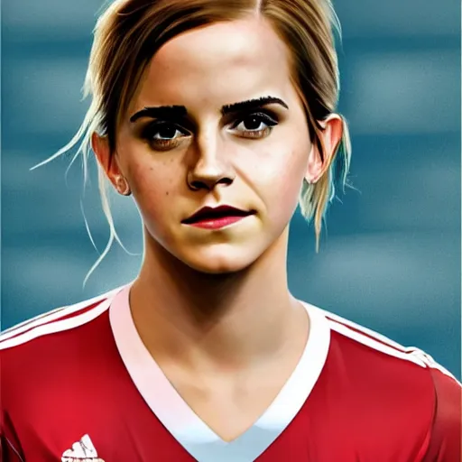 Image similar to emma watson as a lokomotiv football player, portrait, hyper realistic, highly detailed