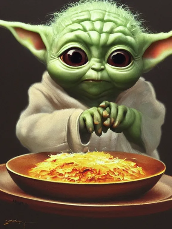 Prompt: A ultradetailed beautiful panting of baby yoda in front of a plate filled with a perfectly cooked risotto with melted parmesan, oil panting, high resolution 4K, by Ilya Kuvshinov, Greg Rutkowski and Makoto Shinkai