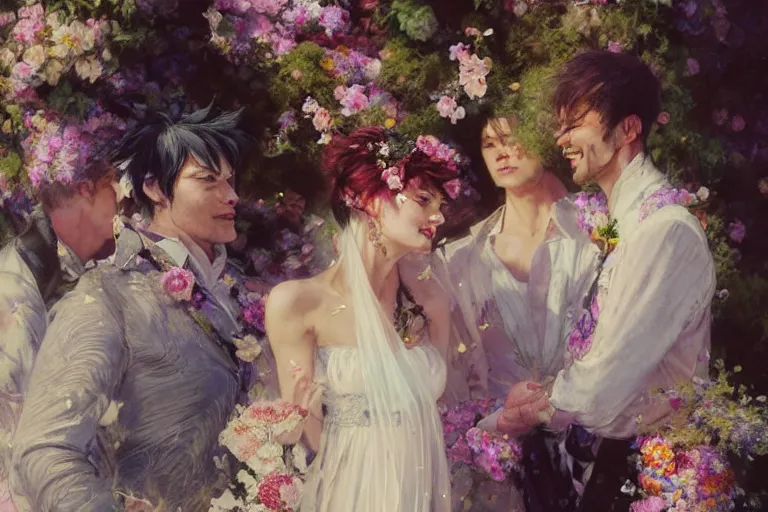 Image similar to the groom look at the bride at a wedding full of flowers, bright and happy, dreamlike art, highly detail, 4 k realistic, wedding photoy krenz cushart, artem demura, yoji shinkawa artgerm, jon lothian, danilo torres. adi meyers. thomas reimann. gaston bussiere.