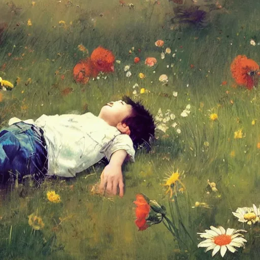 Image similar to a boy laying in a field with flowers growing from his chest. By Ruan Jia. Makoto shinkai. Norman Rockwell.
