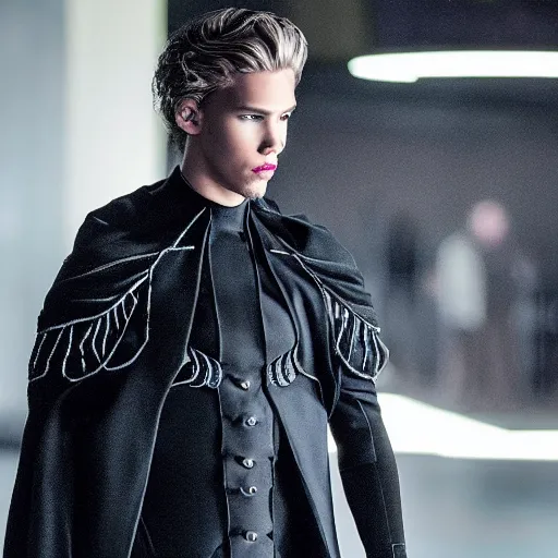 Image similar to medium face shot of adult Austin Butler !!!!with exposed head!!!!, dressed in black-prussian blue futuristic-tudoresque clothing with Harkonnen-Ram-embroidery, and nanocarbon-vest, in an arena in Dune 2021, XF IQ4, f/1.4, ISO 200, 1/160s, 8K