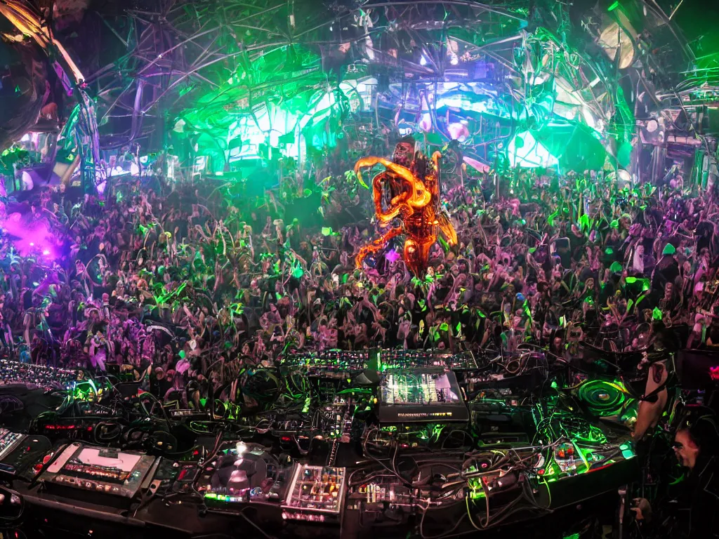 Image similar to a cyborg dj is playing a vast array of highly evolved and complex musical technology on a stage surrounded by an incredible and complex circular robotic structure playing highly evolved music overlooking a crowd at a forest festival lit by fire