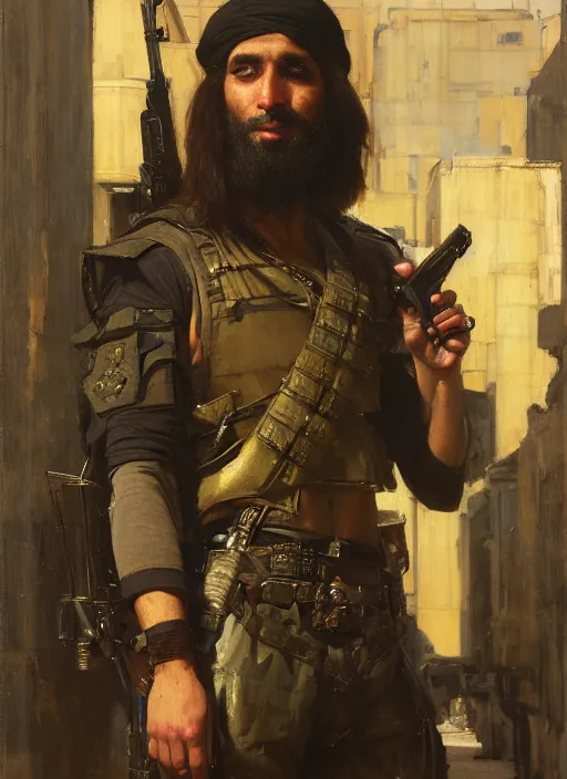 Image similar to beautiful cyberpunk mercenary wearing military vest. Iranian orientalist portrait by john william waterhouse and Edwin Longsden Long and Theodore Ralli and Nasreddine Dinet, oil on canvas. Cinematic, hyper realism, dramatic lighting, high detail 4k