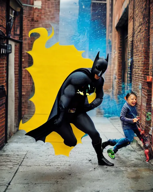 Image similar to happy batman firing super soaker water gun in an alleyway, everyone having fun, toy product advertisement, photography