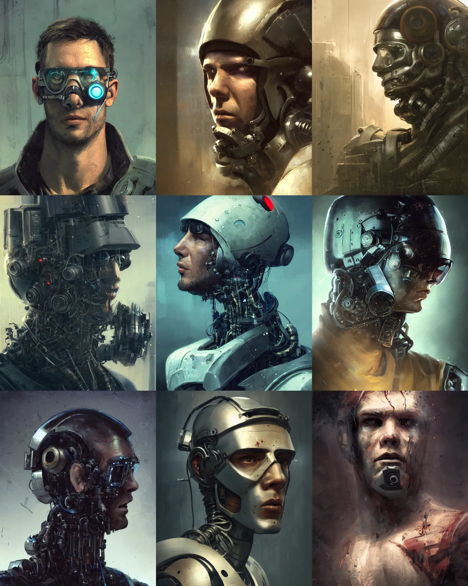 Image similar to a half - masked rugged young laboratory engineer man with cybernetic enhancements as seen from a distance, scifi character portrait by greg rutkowski, esuthio, craig mullins, 1 / 4 headshot, cinematic lighting, dystopian scifi gear, gloomy, profile picture, mechanical, half robot, implants, steampunk