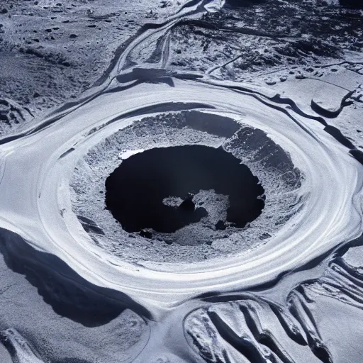 Prompt: an aerial photo of a crater in an icy wasteland, emitting a column of black smoke